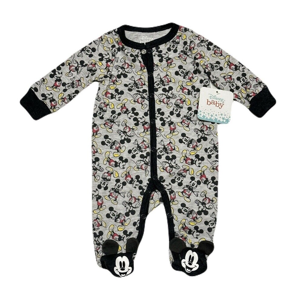 NEW Disney Baby Size 3M Mickey Mouse Snap Up Footie Pajamas Gray Black 3 Months